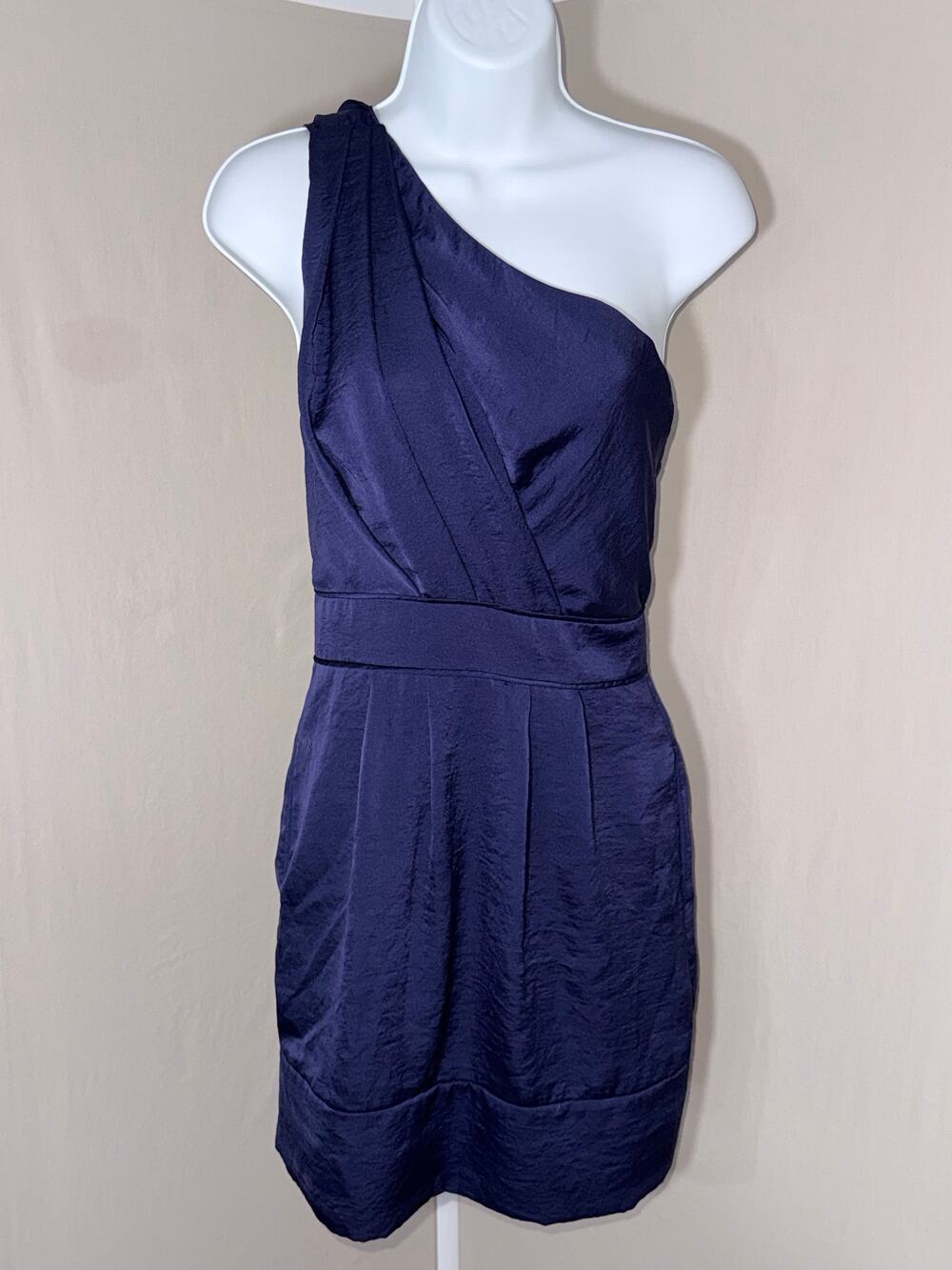 BCBGeneration Midnight Blue Satin One Shoulder Mini Cocktail Dress Size 0